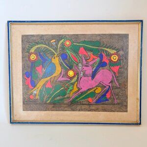 Vintage 1960s Framed Mexican Folk Art Painting on Bark Paper – Colorful & Vibran